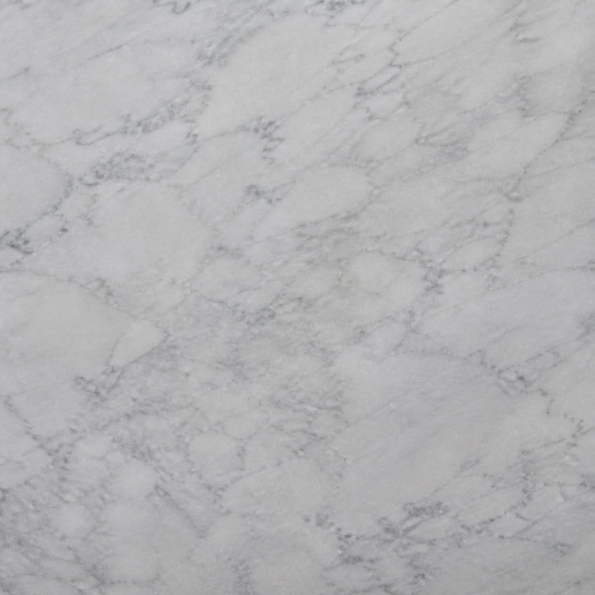 Close-up of a honed Carrara marble countertop, soft grey-white with fine feathery closely spaced grey veining