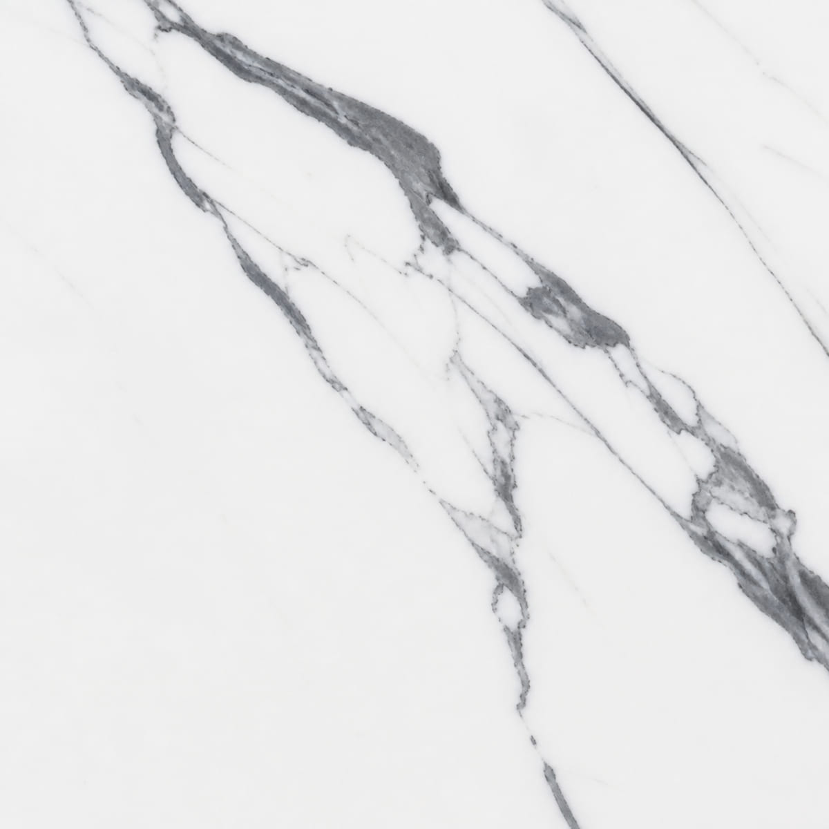 Close-up of a polished Statuario marble countertop, brilliant white with sparse bold charcoal veining