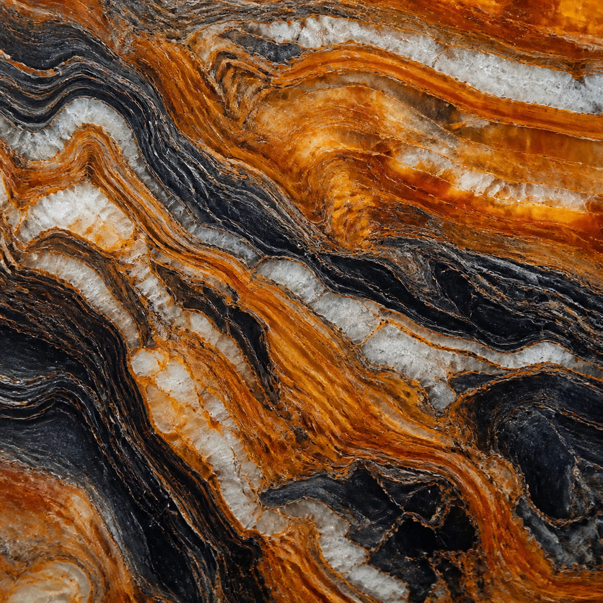 Close-up of a polished Fusion quartzite countertop with dramatic folded bands of amber, rust, black and white