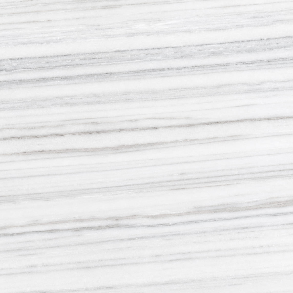 Close-up of a polished white Macaubas quartzite countertop with straight parallel grey and taupe veining