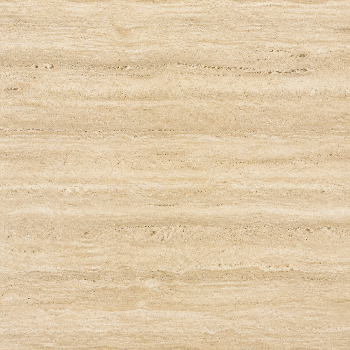 Close-up of a filled and honed Navona travertine surface, warm beige with straight linear cream and tan banding