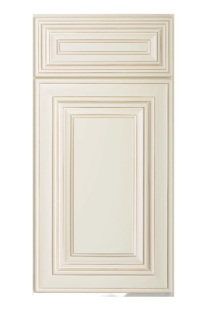US Cabinet Depot Casselberry Antique White cabinet door — a cream mitered raised-panel door with a warm brown glaze settled into the mouldings