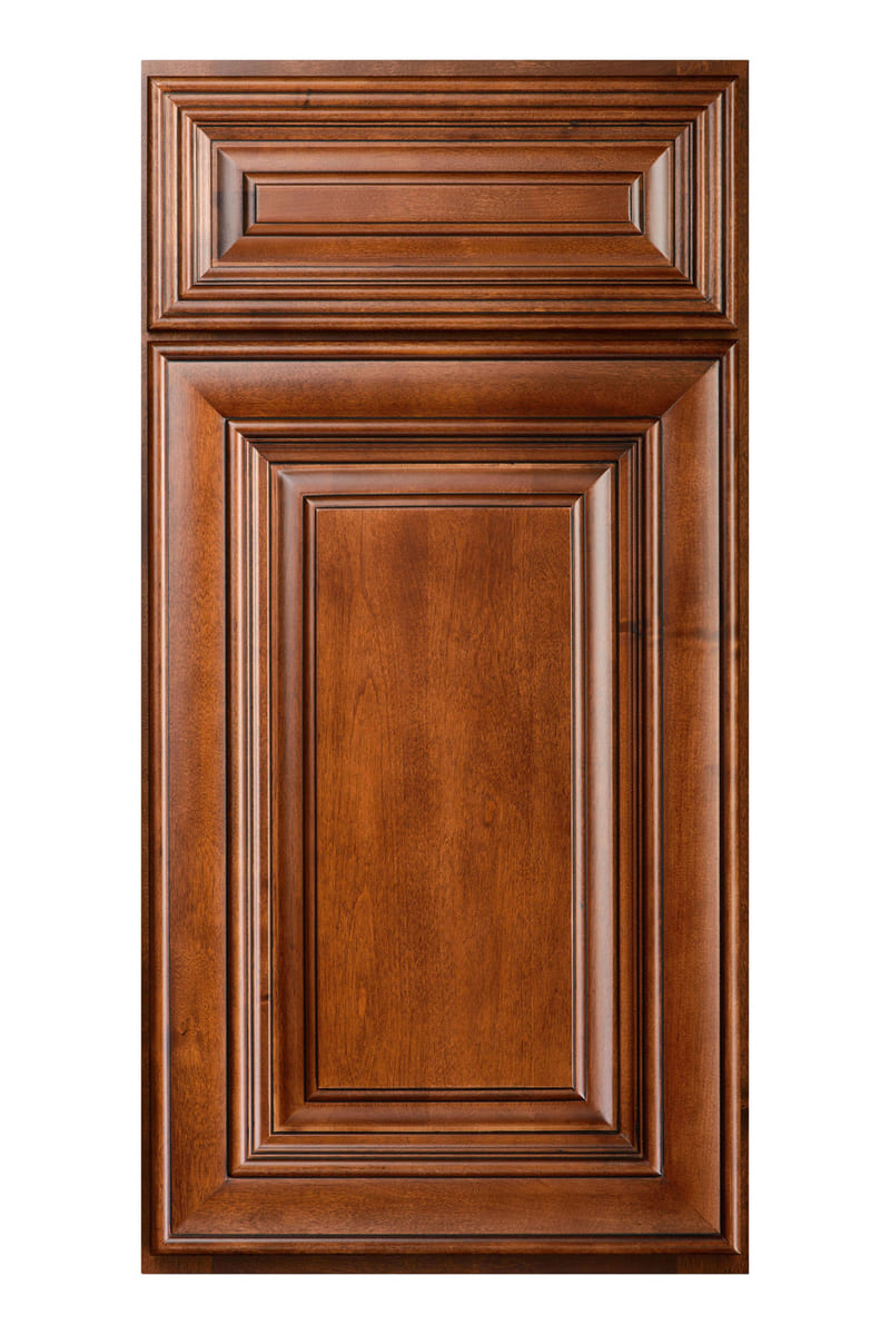 US Cabinet Depot Casselberry Saddle cabinet door — a rich reddish-brown stained birch mitered raised-panel door with dark glaze in the mouldings