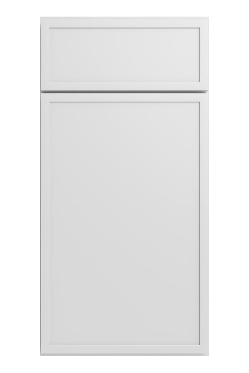 US Cabinet Depot Edgeline White cabinet door — a bright white shaker door with an unusually narrow frame around a flat recessed panel