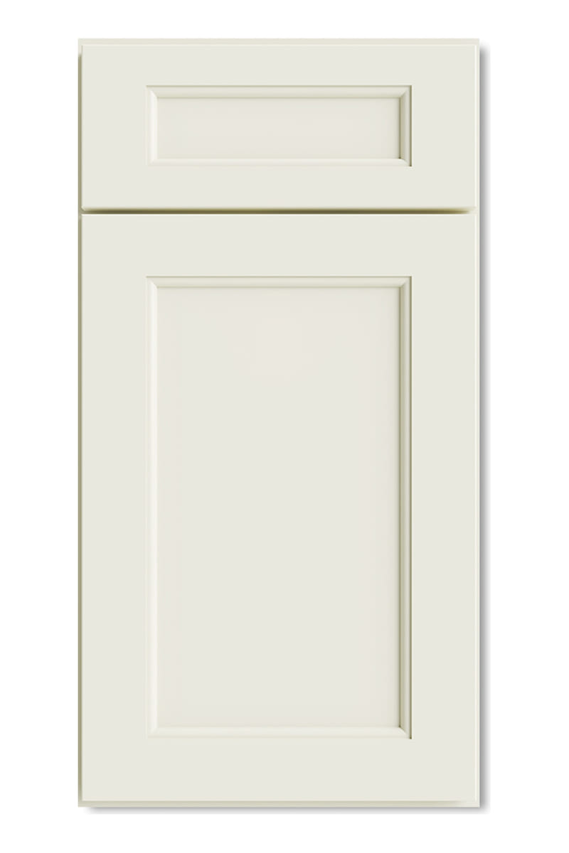 US Cabinet Depot Haven Dune cabinet door — a soft warm off-white painted door with a pillowed bevel around a flat recessed centre panel