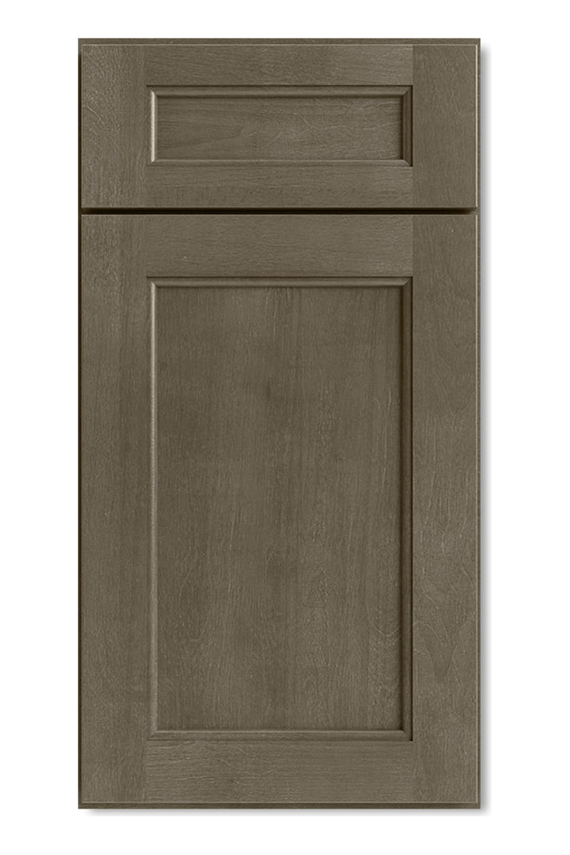 US Cabinet Depot Haven Ember cabinet door — a dark greyed-brown stain over birch with the grain showing through and a pillowed bevel