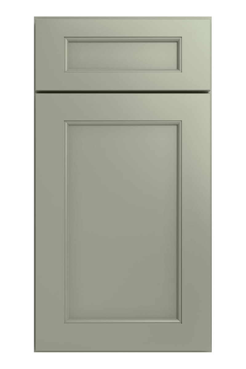 US Cabinet Depot Haven Sage cabinet door — a soft grey-green painted door with a pillowed bevel around a flat recessed centre panel