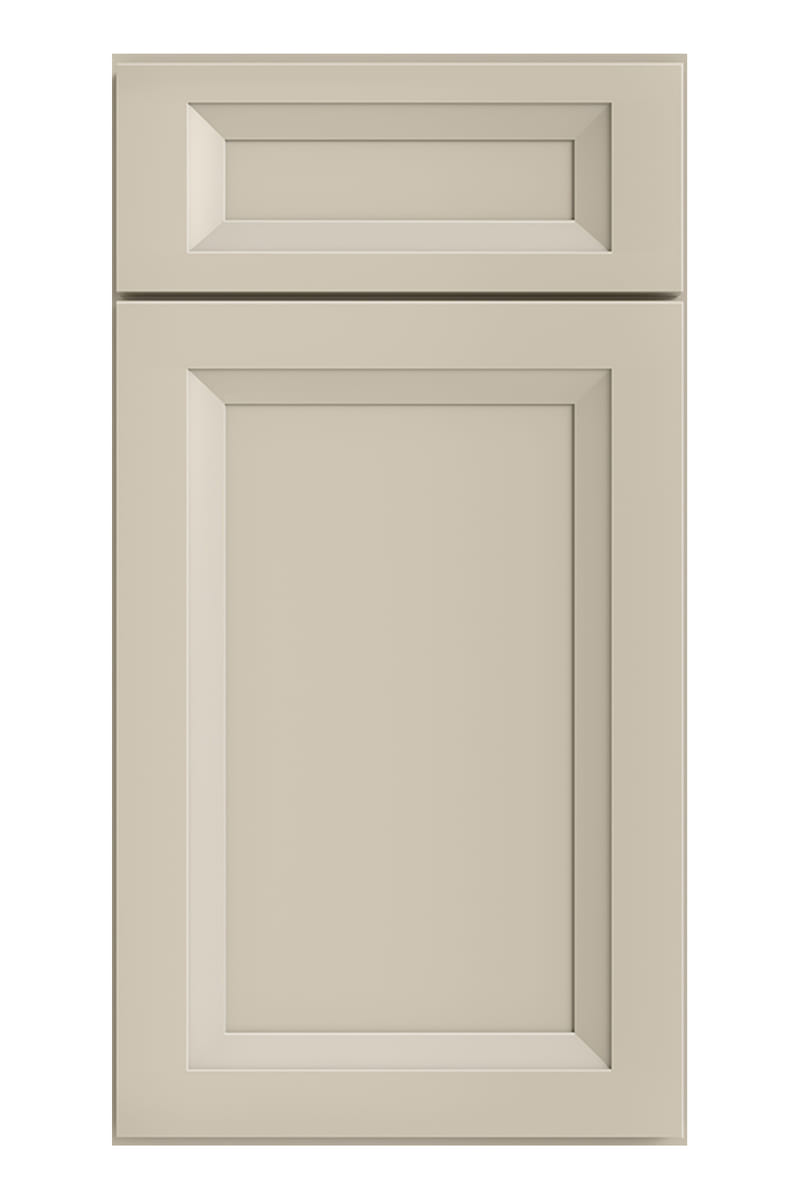US Cabinet Depot Oxford Cashmere cabinet door — a warm putty greige painted door with a wide angled bevel around a flat recessed panel