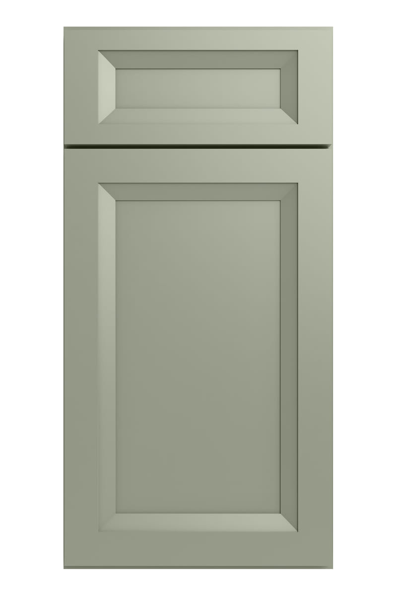 US Cabinet Depot Oxford Sage cabinet door — a muted grey-green painted door with a wide angled bevel around a flat recessed panel