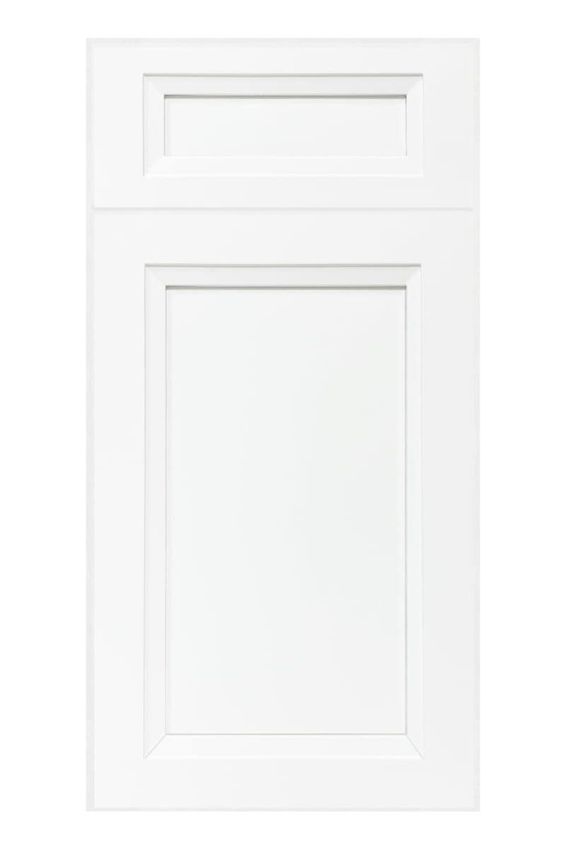 US Cabinet Depot Oxford White cabinet door — a bright white five-piece door with a wide angled bevel around a flat recessed panel