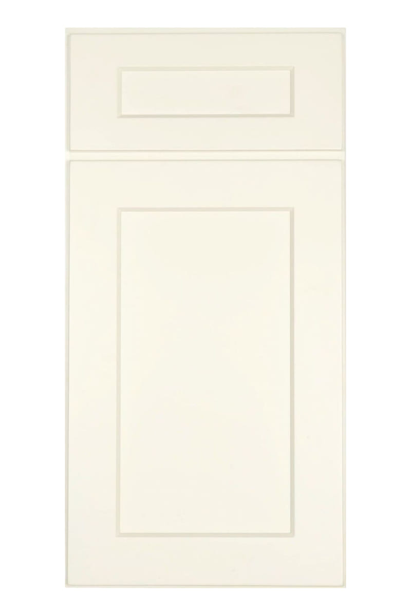 US Cabinet Depot Shaker Antique White cabinet door — a warm creamy off-white shaker door with a flat recessed centre panel