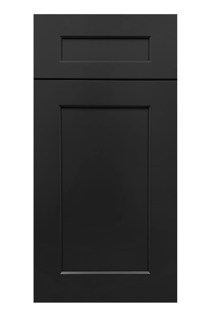 US Cabinet Depot Shaker Black cabinet door — a deep near-black painted shaker door with a flat recessed centre panel