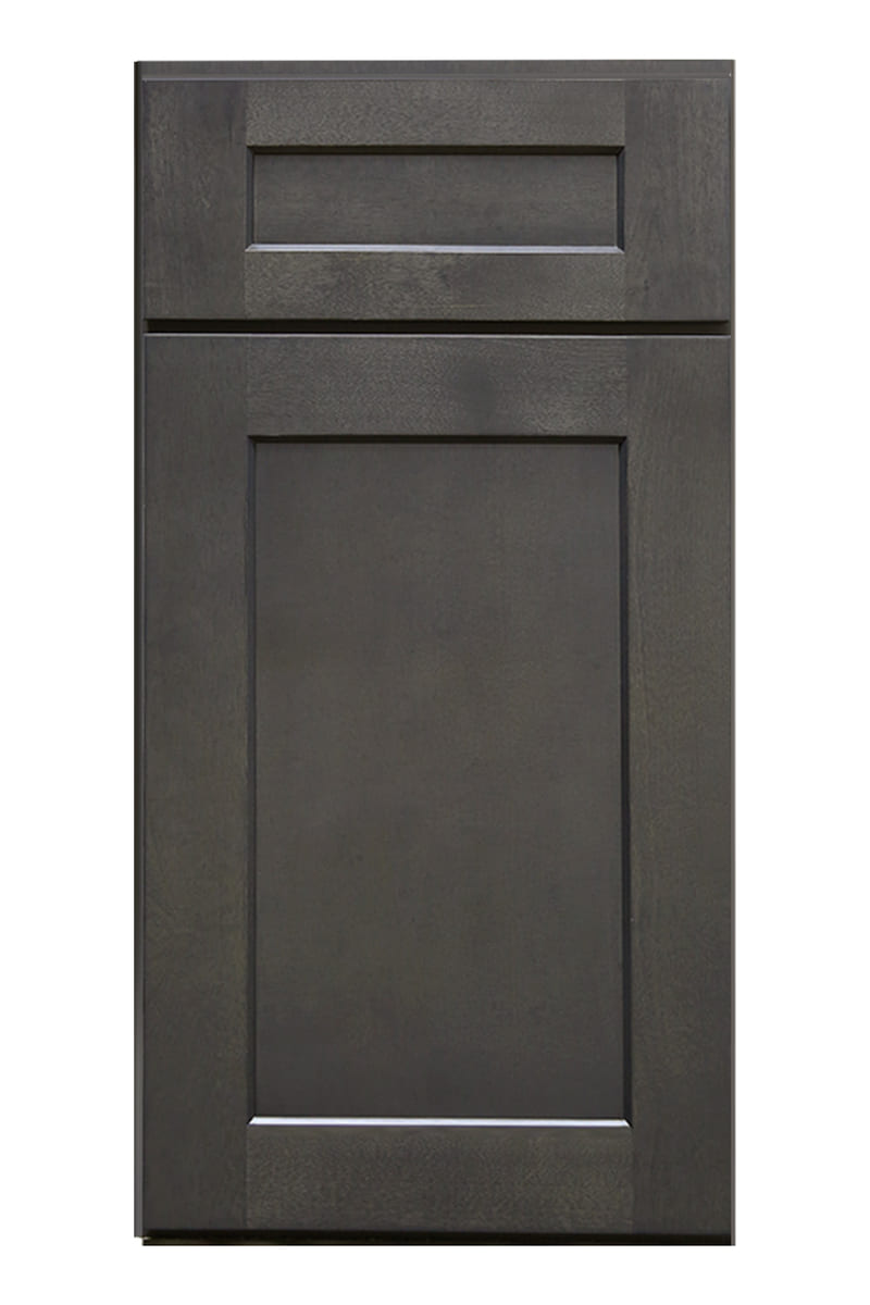 US Cabinet Depot Shaker Cinder cabinet door — a dark charcoal-brown stain over birch with the wood grain visible through the finish