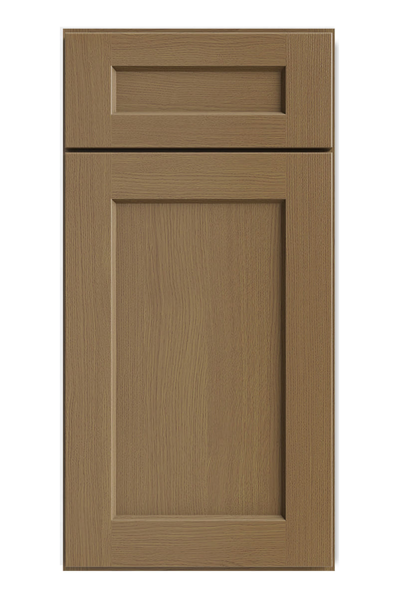 US Cabinet Depot Shaker Essence Oak cabinet door — a warm golden rift-sawn oak shaker door with straight tight grain running vertically through the frame and panel