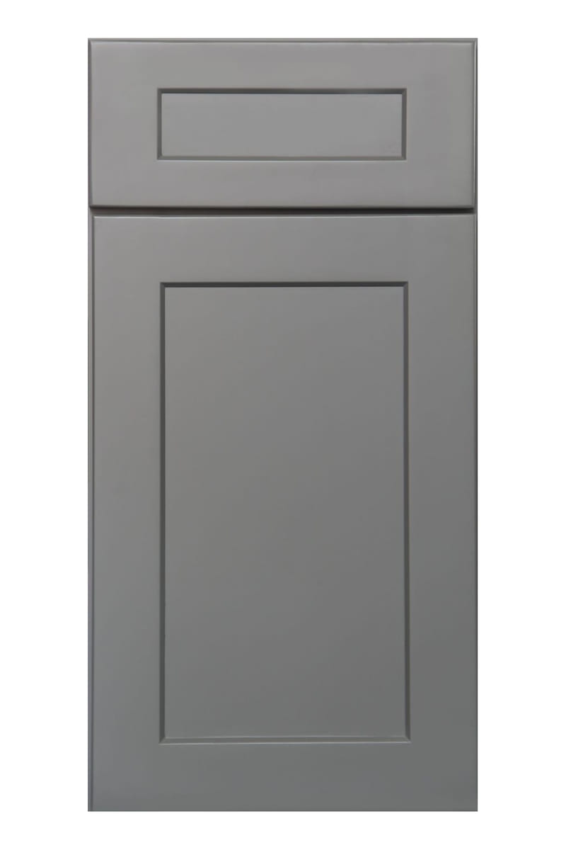 US Cabinet Depot Shaker Grey cabinet door — a mid-tone neutral grey shaker door with a flat recessed centre panel