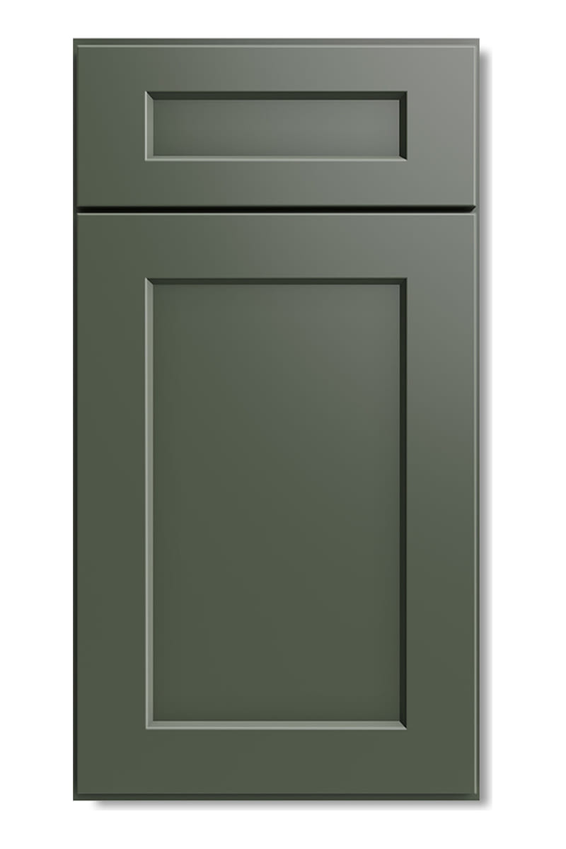 US Cabinet Depot Shaker Ivy cabinet door — a deep muted forest green painted shaker door with a flat recessed centre panel