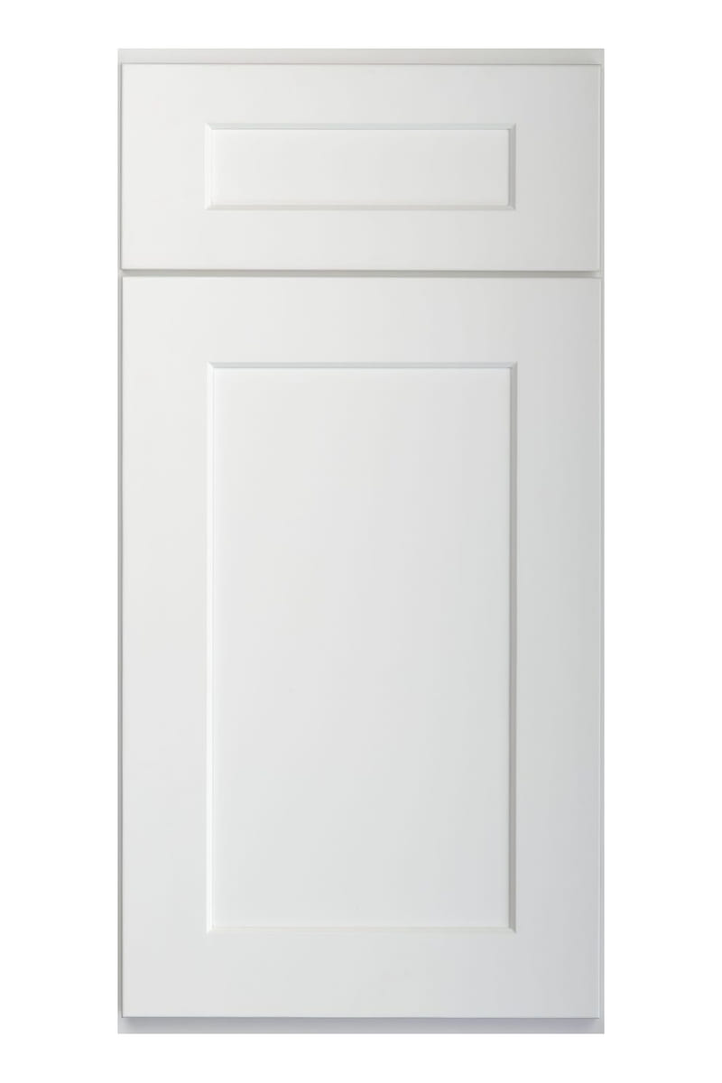 US Cabinet Depot Shaker White cabinet door — a clean bright white five-piece shaker with a flat recessed centre panel and a square frame