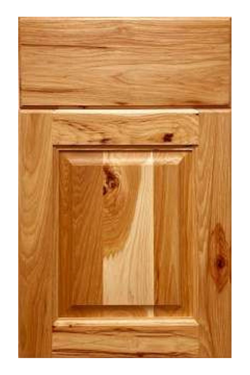 Wellborn Forest Beecher cabinet door in rustic hickory — a raised panel door showing open knots and strong natural colour variation