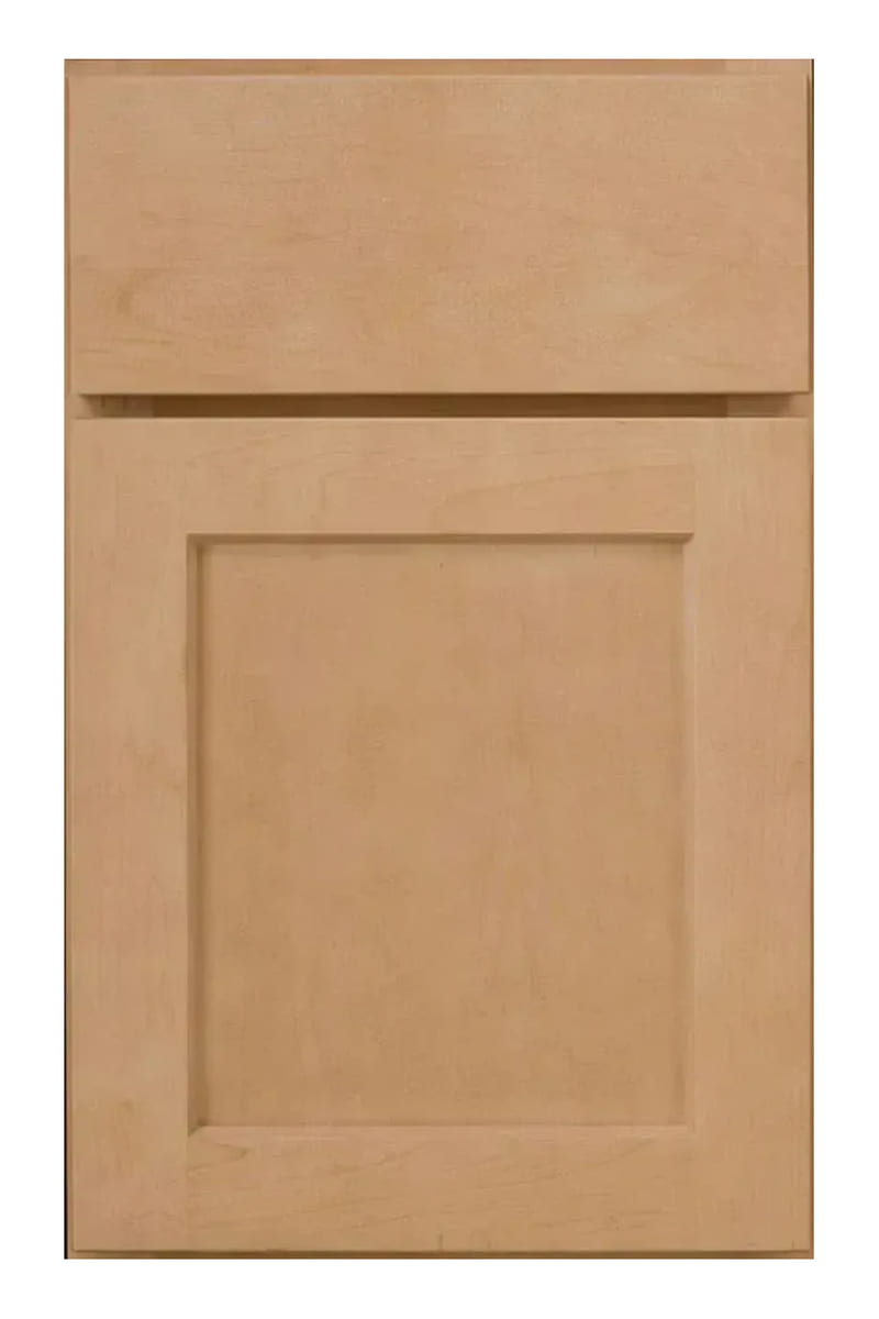 Wellborn Forest Chiswick cabinet door in maple with a wheat stain — a wide-framed shaker with a flat recessed centre panel