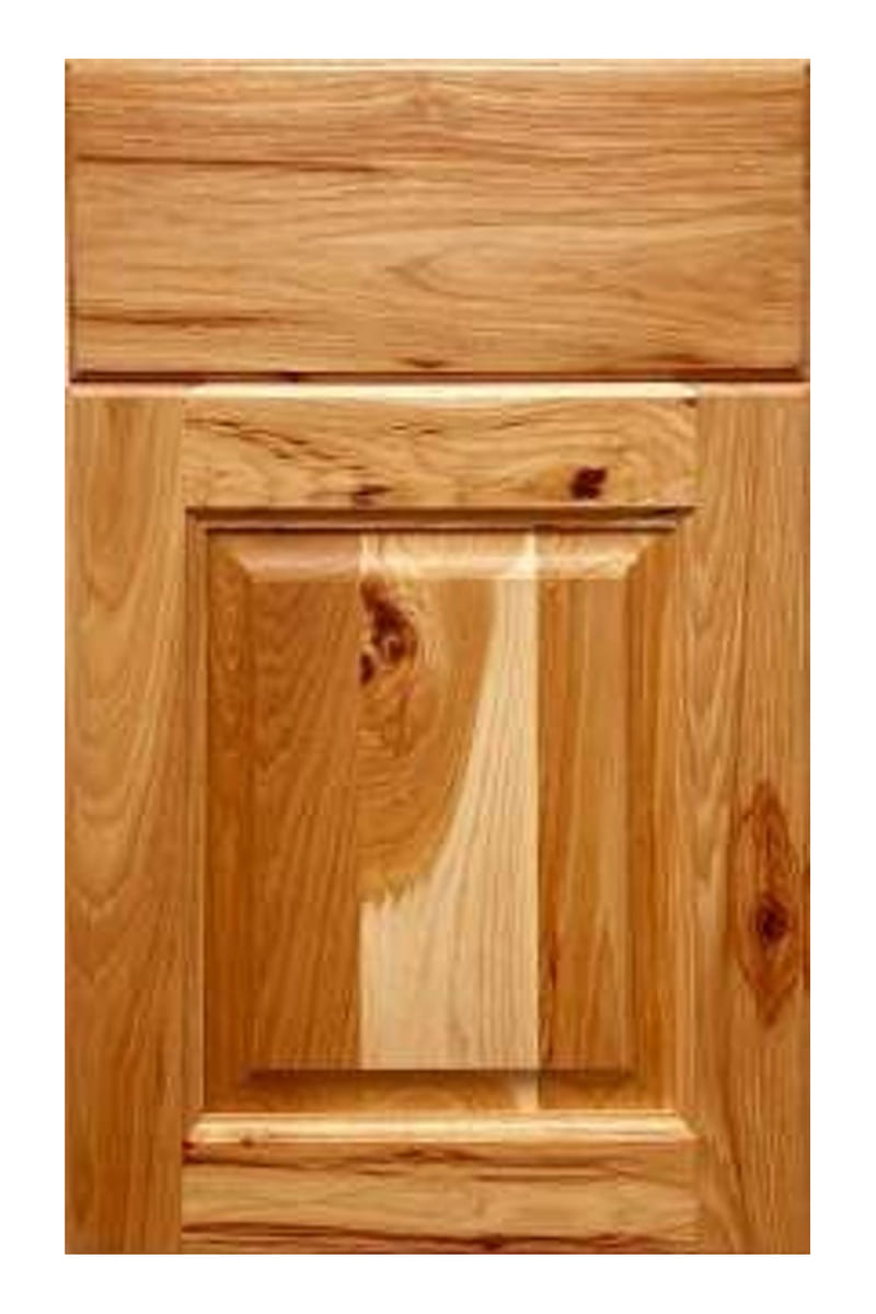 Wellborn Forest Judson cabinet door in rustic hickory — a half overlay raised panel door showing knots and wide natural colour variation