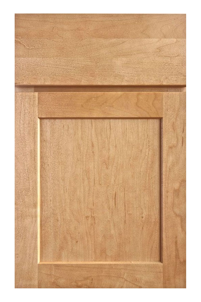 Wellborn Forest Shelby cabinet door in maple with a wheat stain — a narrow-framed shaker with a flat recessed centre panel